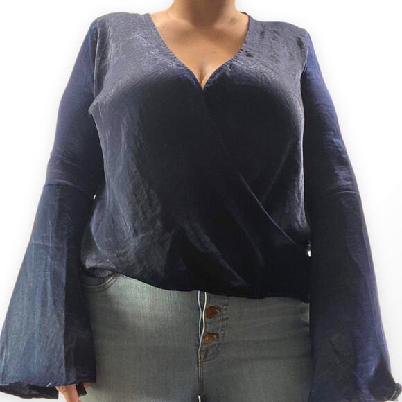 SAGE THE LABEL Blue Bell Sleeve V-Neck Keyhole Back Blouse - Picture 1 of 6